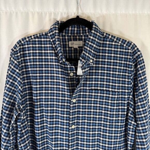 New Gap Button Up Shirt Men's Medium Blue White Plaid Standard Fit Stretch - Picture 2 of 11